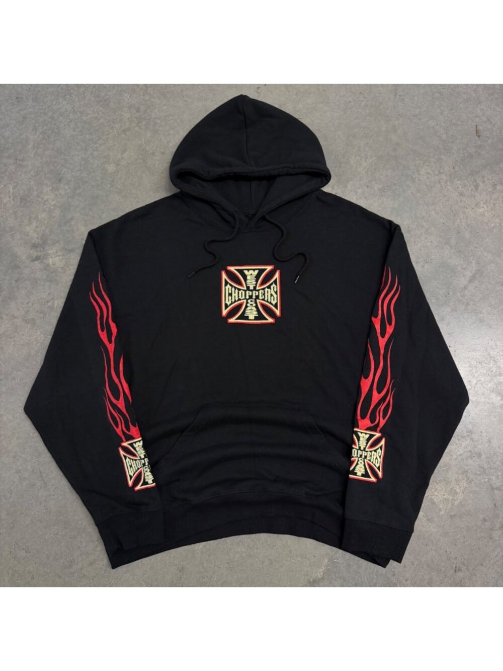West Coast Choppers Black Hoodie With Red Flame Sleeves & Cross Logo Size L
